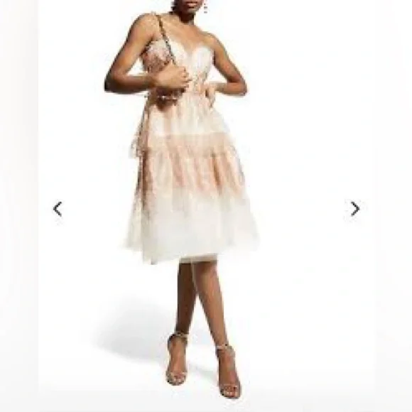 Marchesa Notte Pink and White Embellished Babydoll Dress Sweetheart Neckline - Picture 2 of 12